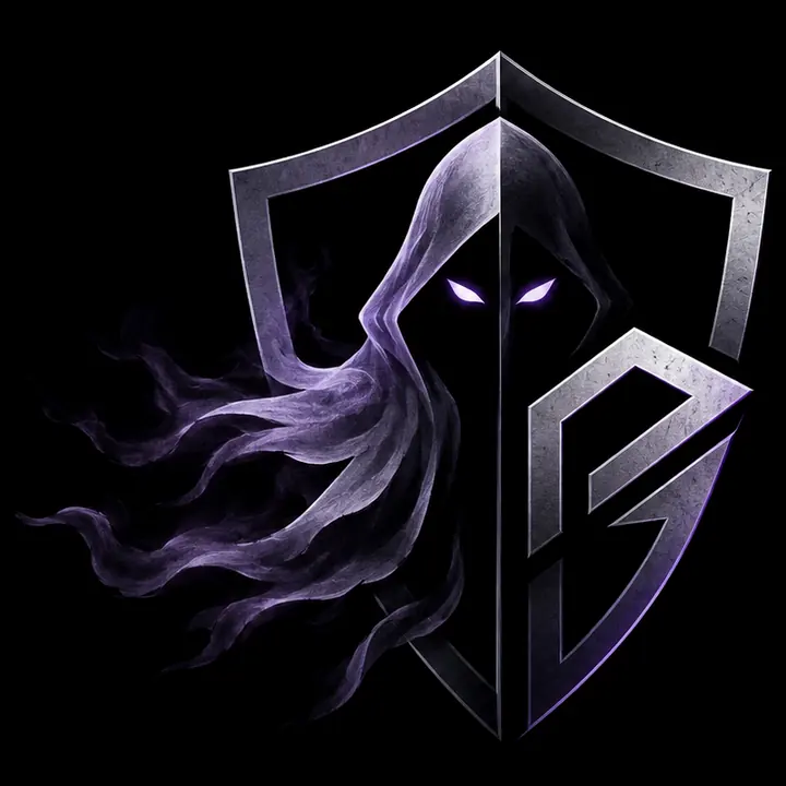 A hooded phantom with glowing eyes behind a silver shield.